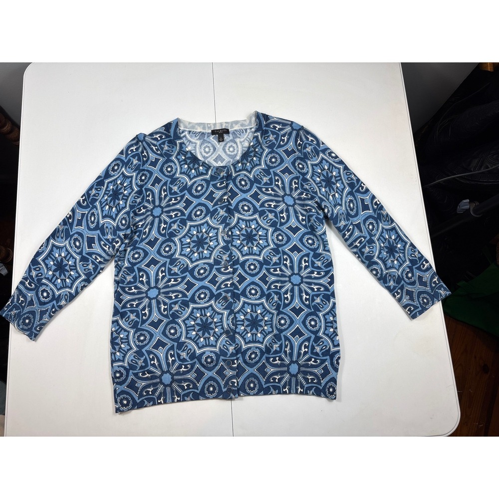 Talbots Petites Blue Geometric Tile Print Button Front Cardigan Sweater LP
